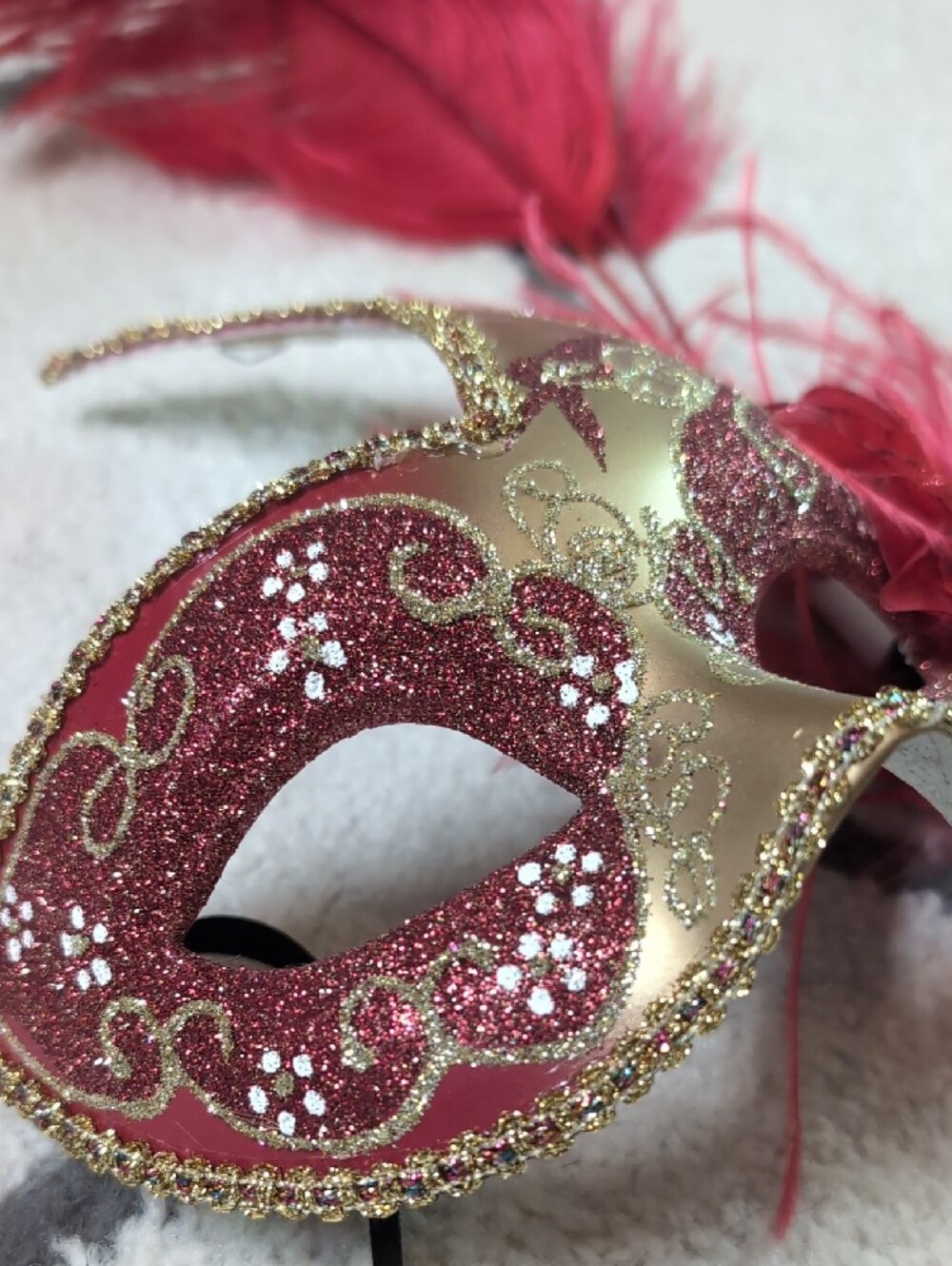 Red Feather Venetian Masquerade Mask with Gold Accents